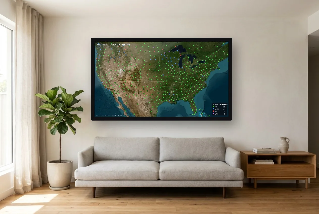 An AirCanvas live METAR weather map of the USA on a wall-mounted TV above a living-room couch — airports glowing green, blue, red and magenta for current flight conditions.